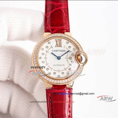 Perfect replica of Cartier Blue Balloon Rose Gold Diamond Bezel Red Leather Strap Watch 